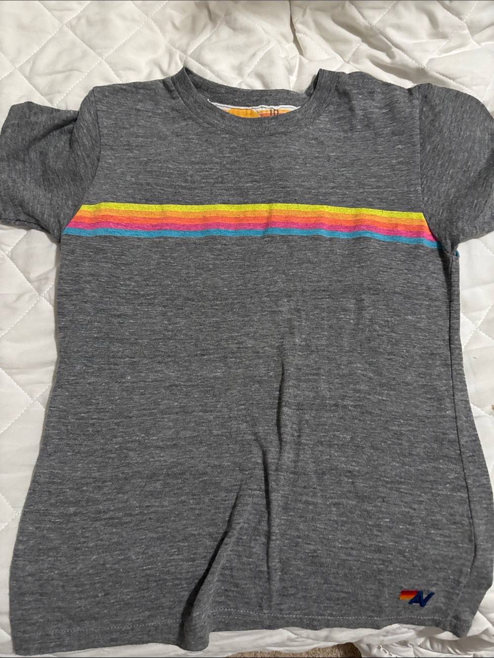 Aviator Nation Gray Tee with Rainbow Chest Stripe
